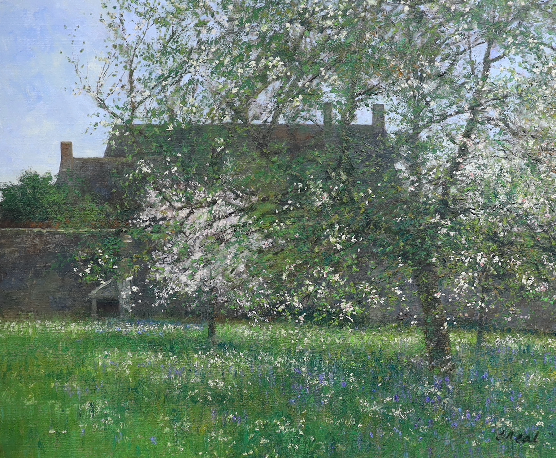 Charles Neal (b.1951), oil on canvas, 'Apple orchard, South Cerney, May', oil on canvas, signed, label verso, 76 x 91.5cm